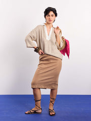 Beige Contrasting Collar Pullover